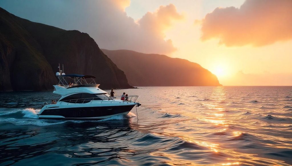 Yacht at Fajã dos Cubres during Azores yachting, with a family on the deck and the cliffs in the background.